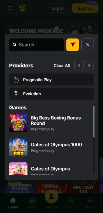 Casino game lobby filtered for Pragmatic Play slots including Big Bass